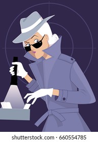 Female Secret Agent Or Private Detective Searching A File Cabinet, EPS 8 Vector Illustration