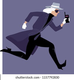 Female secret agent running with a walkie-talkie, EPS 8 vector illustration