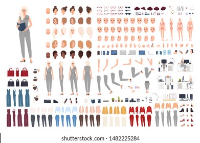 Female secretary animation set or DIY kit. Bundle of woman's body parts, gestures, poses, formal clothes isolated on white background. Front, side and back views. Flat cartoon vector illustration.