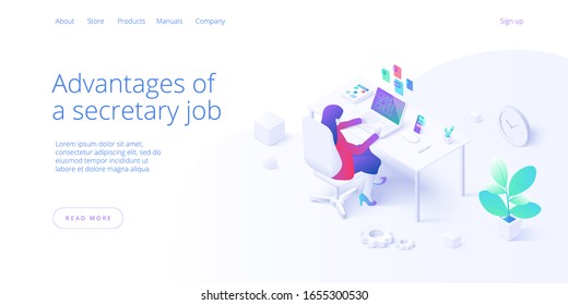 Female secretary busy with laptop job in office in isometric vector illustration. Personal assistant workaholic or overworked woman operator multitasking at desk. Web banner layout template.