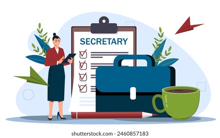 Female secretary with a checklist, briefcase, pencil, and coffee cup on a light blue background, representing professionalism. Flat vector illustration