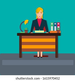 female secretary sitting behind the desk vector illustration in flat style