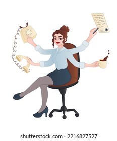 Female secretary with lot of work sitting on office chair agains