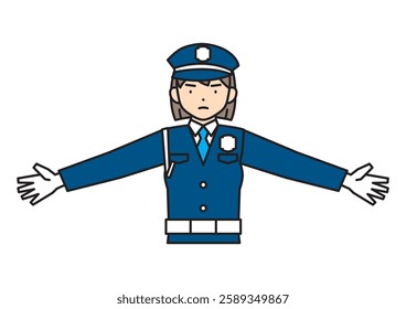 Female security guard with arms outstretched