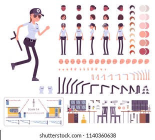 Female security guard character creation set. Uniformed officer, protective agent. Full length, different views, emotions, gestures. Build your own design. Vector illustration