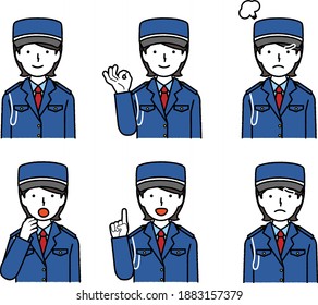 Conjunto de ilustraciones de expresión facial de guardia de seguridad femenina, colección