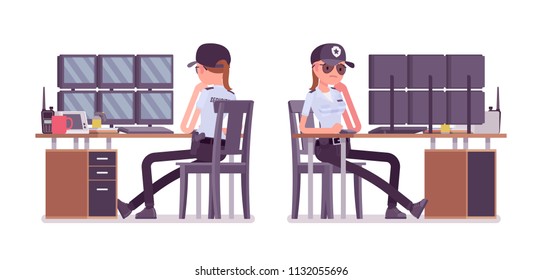 Female security guard monitoring alarm systems. Uniformed officer or protective agent watching. Public, private city safety concept. Vector flat style cartoon illustration, isolated, white background