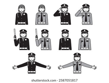 Female security guard pose set: salute, guide, no entry