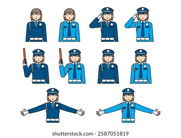 Female security guard pose set: salute, guide, no entry