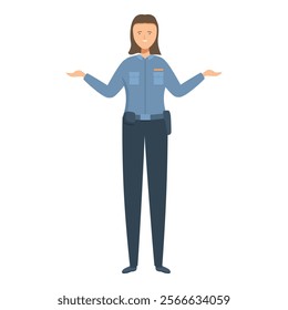 Female security guard wearing uniform standing with open arms greeting smiling