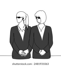 female security guards stand side by side in black suits, sunglasses, they both look to the side - one line art vector. concept strong women, female security, club only for women. Handmade vector not 