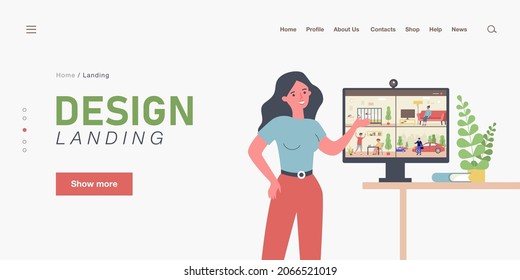 Female security service worker showing screen with CCTV footage. Videos of people at home and outside on monitor flat vector illustration. Surveillance, protection concept for banner, website design