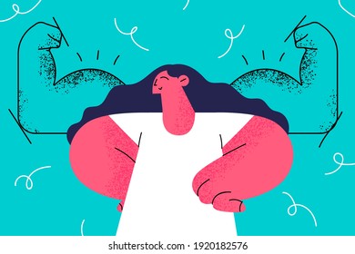Female self confidence  esteem  strength concept  Brave woman standing showing biceps facing fears like powerful hero feeling powerful confident showing her inner strength illustration