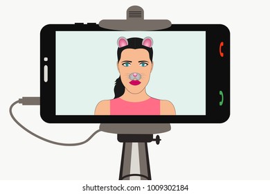 Female Selfie photo on smartphone in monopod with animal face elements - ears and nos, mouse mask. Vector illustration.