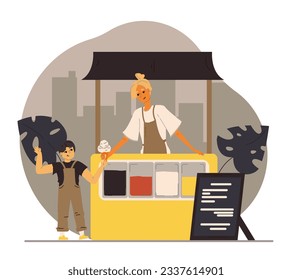 Female seller in apron giving ice cream to little boy in park. Seller working outside, sell street food from truck. Street food trading concept. Flat vector illustration in cartoon style