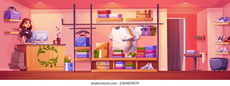 Female seller at cashdesk in fashion shop. Vector cartoon illustration of boutique interior with purses, t-shirts, blouses, shoes on shelves, paper bags for shopping, dressing room with curtain