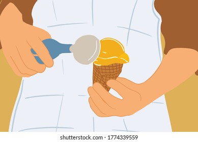 Female Seller Making Ice Cream In A Waffle Cone, Close-up. Vector Illustration In Flat Style