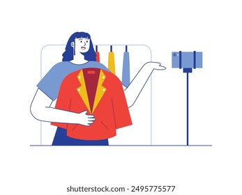 A female seller is selling her clothes through live e-commerce using her phone. Character design. Vector flat illustration