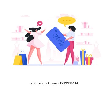 Female seller talking and giving discount to happy contemporary customer while working in modern clothes shop during seasonal sale in mall