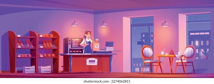 Female seller working at bakery shop at night. Vector cartoon illustration of young woman with fresh baked bread in paper bag, buns on shelves, coffee on table near window in cafeteria. Small business