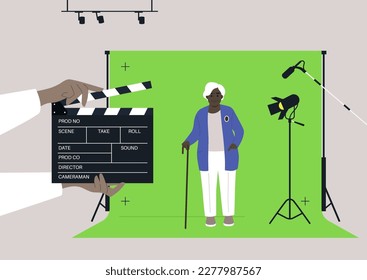 A female senior African character standing against a chroma key screen in a movie studio, video production