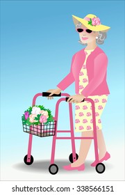 Female senior citizen using walker that contains a pot of flowers