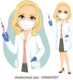 Female senior doctor wearing white lab coat holding Covid-19 vaccine