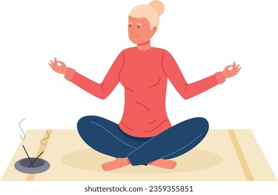 Female senior meditating. Calm happy old woman isolated on white background