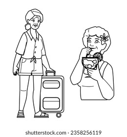 female senior woman vacation vector. summer beautiful, lifestyle old, beach portrait female senior woman vacation character. people black line illustration