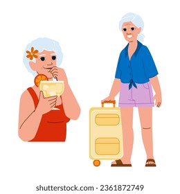 female senior woman vacation vector. summer beautiful, lifestyle old, beach portrait female senior woman vacation character. people flat cartoon illustration