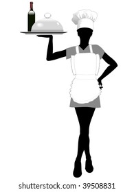 A Female Server In An Apron And Chef Hat Serves A Serving Tray With Food And Wine.