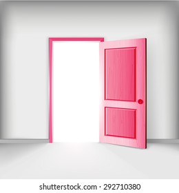 Female service creative illustration. Open pink color door.