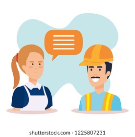 female service employee with builder talking