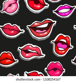 Female sexy lips seamless pattern fashion print. Mouth with spot, kiss, biting, smile, tongue, teeth on black bakground.