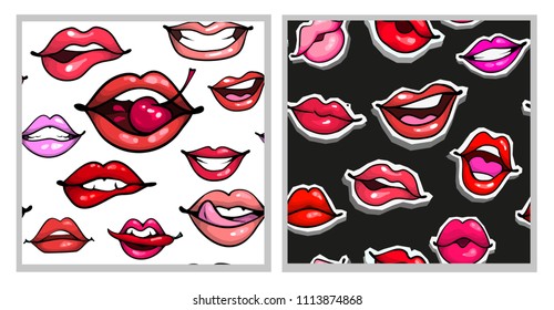 Female sexy lips seamless pattern set fashion print on white and black background. Mouth with spot, kiss, biting, smile, tongue, teeth , emotions
