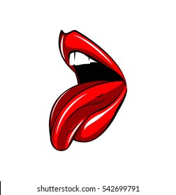 Female sexy mouth with tongue. Red lips vector illustration. Isolated on white background