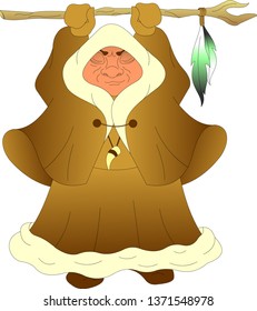 female shaman in a brown robe with a staff in her hands