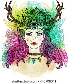 Female shaman with third eye, Feathers, horns . Alchemy, religion, spirituality, occultism, tattoo line zentangle hipster art, coloring books. Watercolor, chalk pastels pencils texture vector