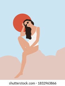 Female shape. Modern Fashion woman on contemporary background. Boho Girl in a swimsuit at the sea and Japanese sun. Abstract poster for interior design, wall art in pastel colors.