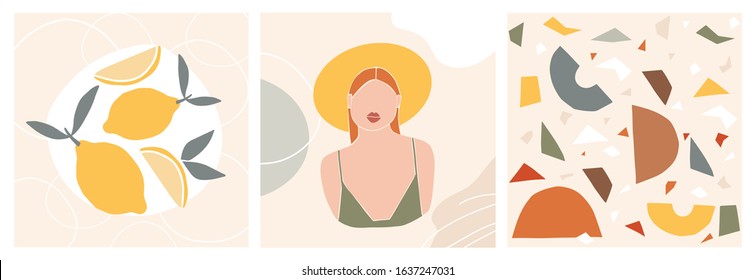 Female shape and silhouette on retro summer background. Fashion women portraits in pastel colors. Collection of contemporary art. Abstract papercut elements, lemons for social media, posters, postcard