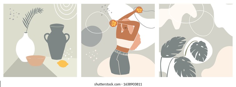 Female shape and silhouette on retro summer background. Fashion women portraits in pastel colors. Collection of contemporary art. Abstract paper cut elements, pottery for social media, posters.