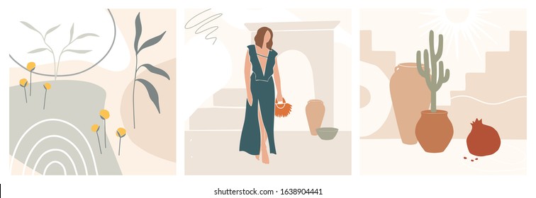 Female shape and silhouette on retro summer background. Fashion women portraits in pastel colors. Collection of contemporary art. Abstract paper cut elements, pottery, leaves for social media, posters