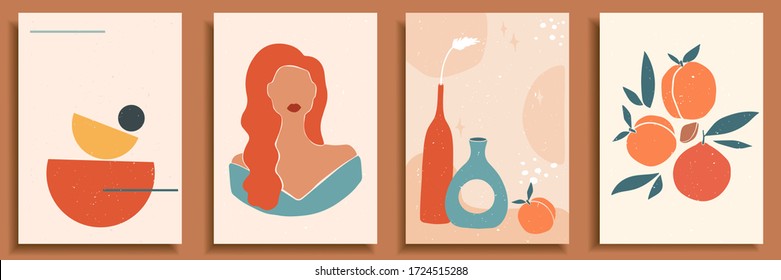 Female shape, silhouette on retro summer background. Fashion woman portrait in pastel colors. Collection of contemporary art posters. Abstract paper cut elements, shapes, pottery, vase, peach, orange.
