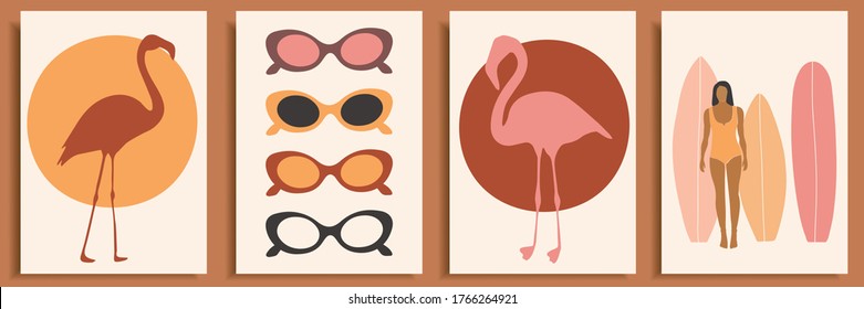 Forma femenina / silueta sobre fondo retro de verano. Retrato femenino de moda en colores pastel. Colección de afiches de arte contemporáneo. Afiches abstractos con surfista mujer, flamingo, gafas puestas, puesta de sol