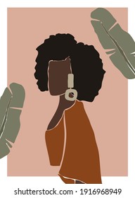 Female shape, silhouette on retro tropical background. Abstract woman portrait in pastel colors. minimalistic style
