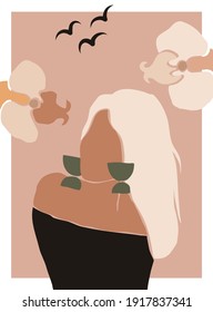 Female shape, silhouette on retro tropical background. Abstract woman portrait in pastel colors. minimalistic style