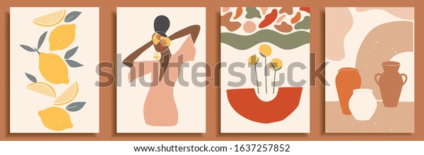 Female shape / silhouette on retro summer background. Fashion woman portrait in pastel colors. Collection of contemporary art posters. Abstract paper cut elements, lemons, pottery, abstract shapes.