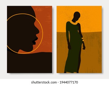 Female shape vector figure with textures. Fashion woman portrait. Collection of contemporary art posters. Abstract paper cut elements, abstract shapes.