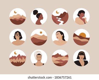 Female shapes and landscapes set. Abstract fashion silhouettes, woman portraits for social media. Vector contemporary art illustration.