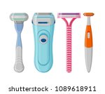 Female shaving razor set isolated on white background. Woman hygiene shavers, trimmer and epilator. Vector illustration.